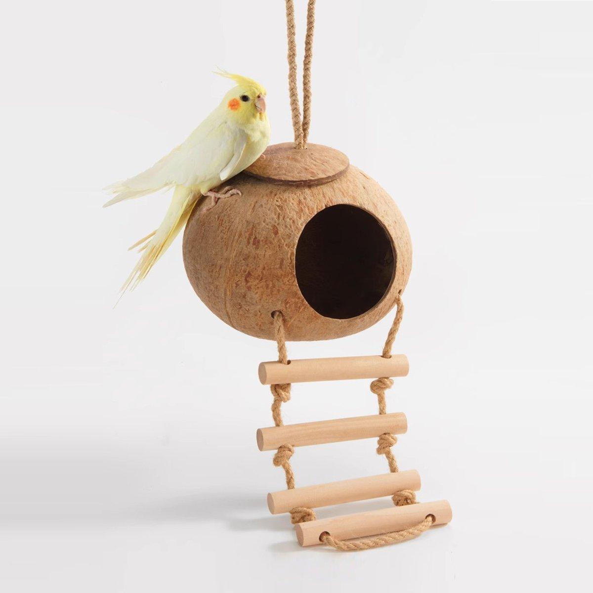 Pet Parrot Nest Wooden Bird House Natural Coconut Shell Feeder