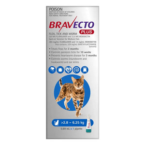 Bravecto Plus for Medium Cats 2.8-6.25KG Cats 3 Month 2 X PIP