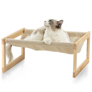 Wooden Cat Bed Elevated Cat Hammock with Breathable Linen Fabric