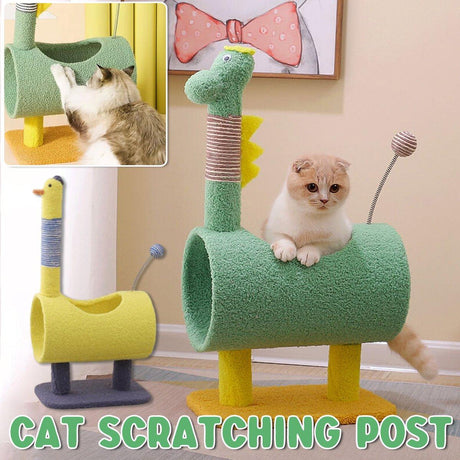 Cat scratcher and scratching post with duck and dinosaur designs, durable sisal columns, and cozy nest.