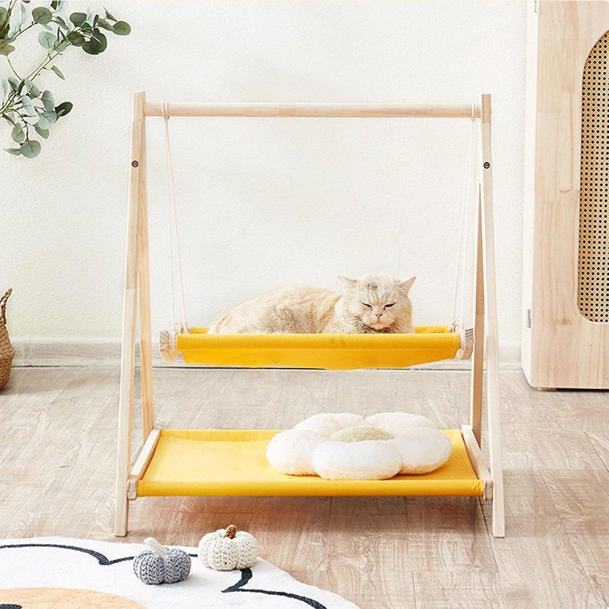 Wooden Double Layer Cat Hammock Bed Removable Washable Pet Swing Basket Nest