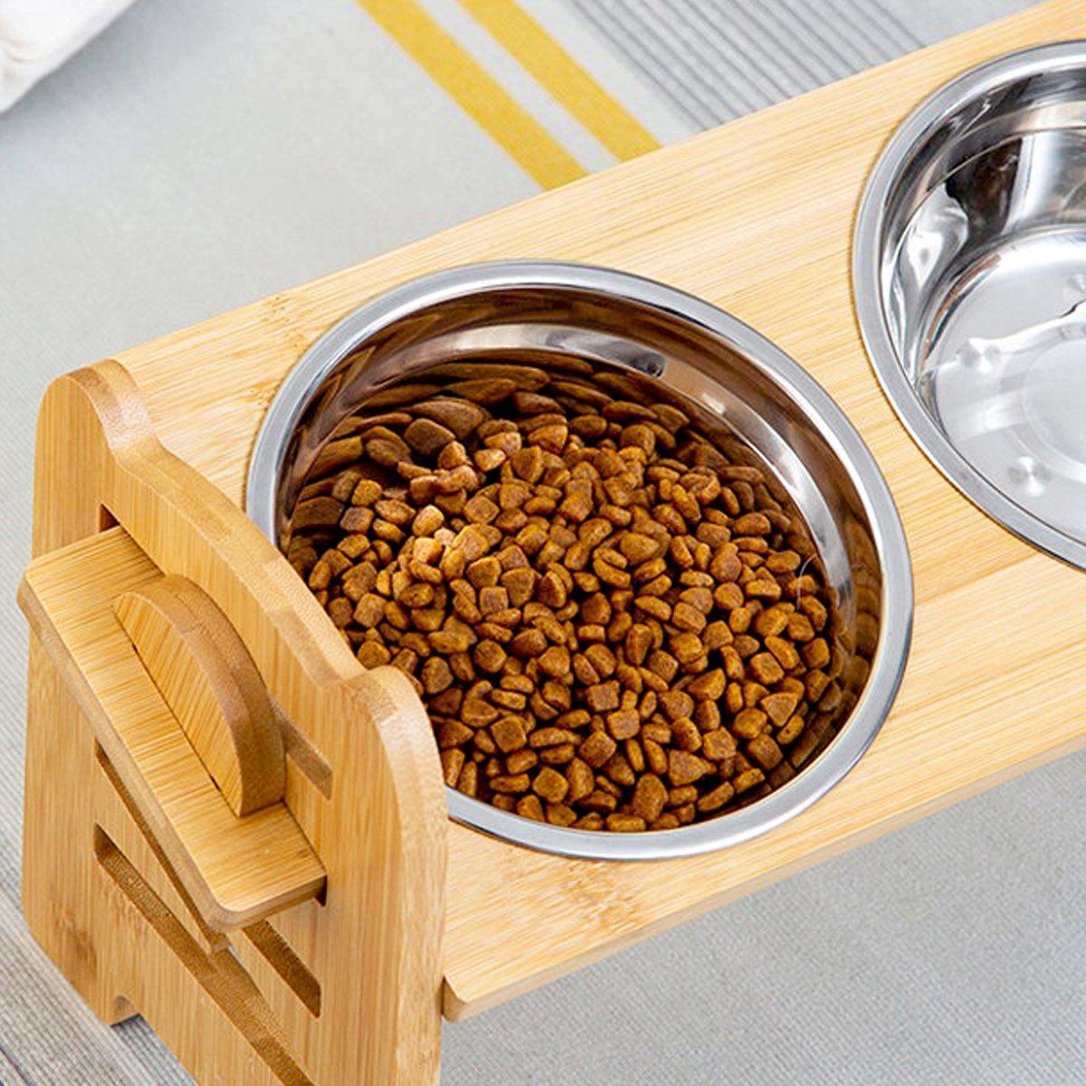 Adjustable Bamboo Pet Feeder with Stainless Steel Bowls