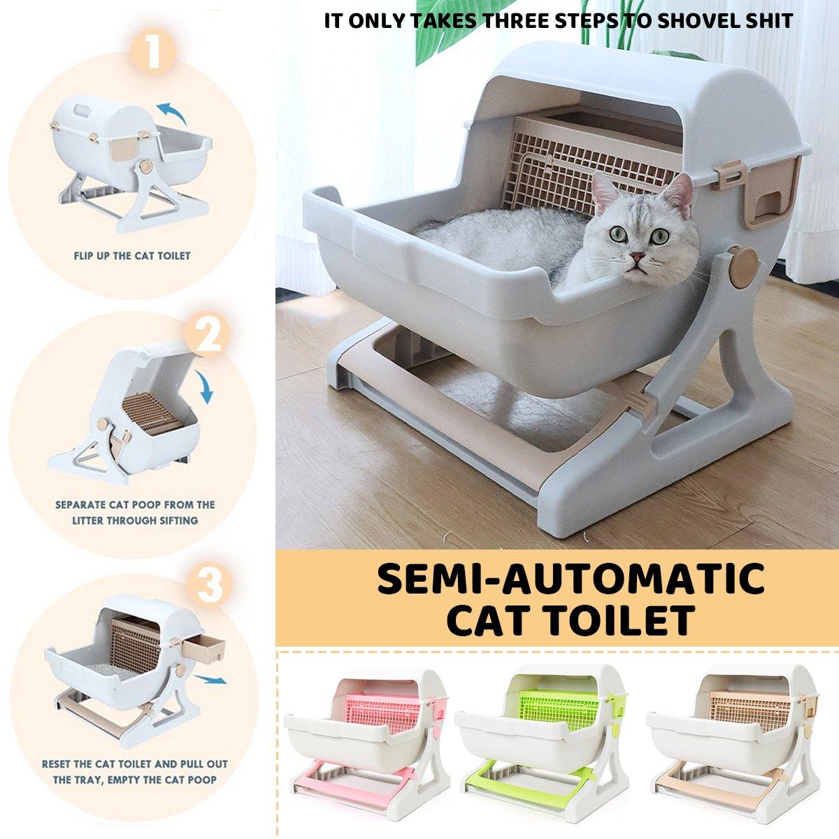 Semi Automatic Cat Litter Box Large Anti Splash Semi Enclosed Kitty Toilet