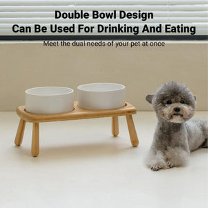 Anti-Slip Ceramic Pet Bowl with Elevated Wooden Stand