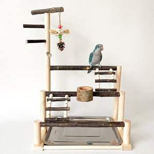 Wooden Parrot Stand Pole Interactive Bird Stand with Food Bowl