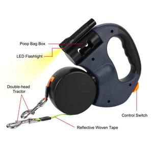 Dual Retractable Dog Leash with 360° Swivel and LED Flashlight