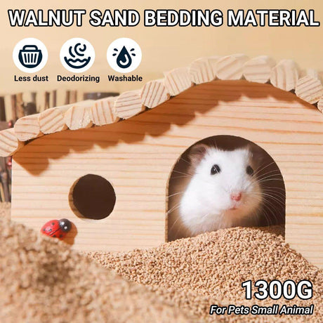 Small pet bedding made from natural walnut shells, dust-free, odor control for chickens and small animals.