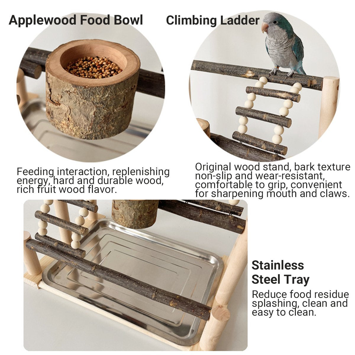 Wooden Parrot Stand Pole Interactive Bird Stand with Food Bowl