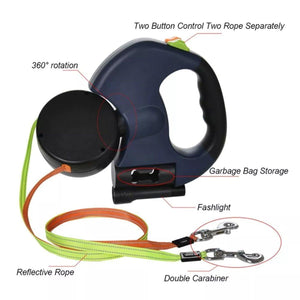 Dual Retractable Dog Leash with 360° Swivel and LED Flashlight