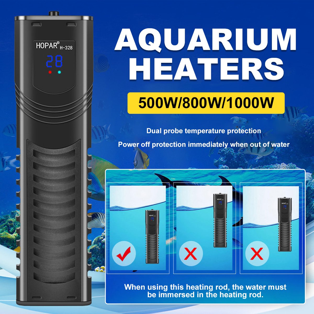 500/800/1000wPowerful Marine Aquarium Heater Rod FishTank Submersible LED Screen