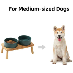 Anti-Slip Ceramic Pet Bowl with Elevated Wooden Stand