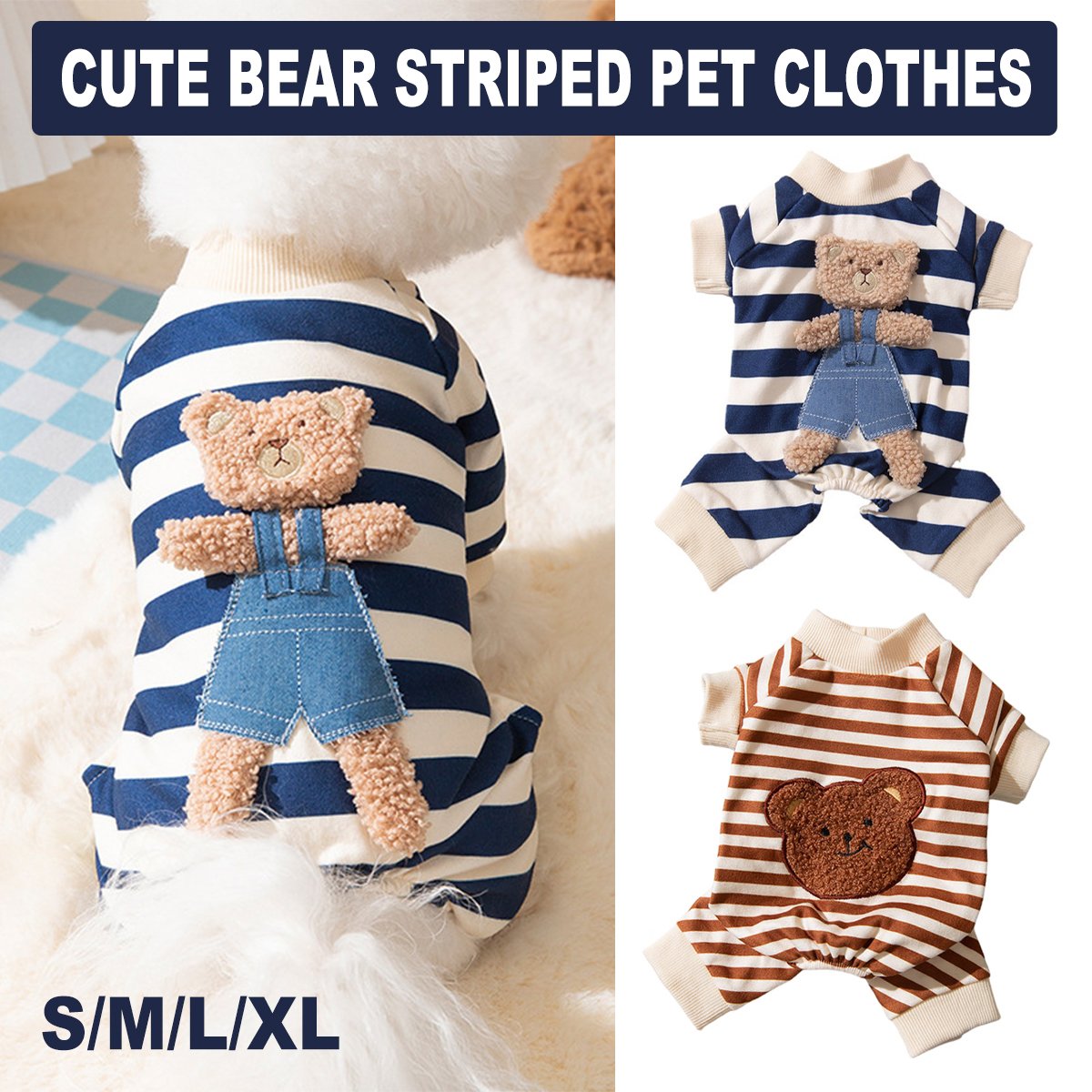 Cute Bear Striped Dog Coat Pet Outfit Cozy Pajamas for Pets