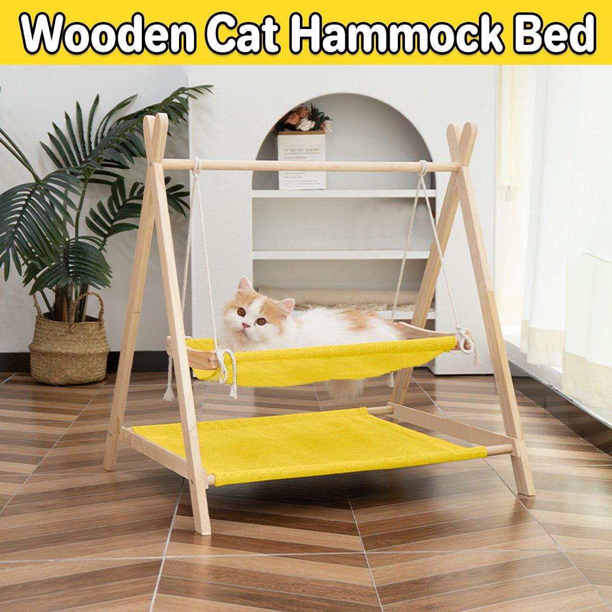 Wooden Double Layer Cat Hammock Bed Removable Washable Pet Swing Basket Nest