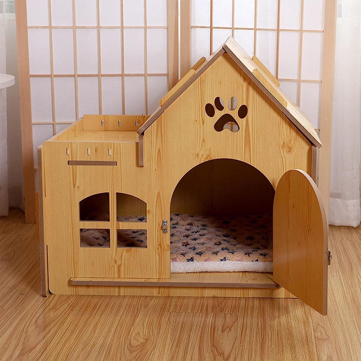 Outdoor Wooden Dog Cat House Villa Style Pet Shelter Weatherproof for Garden