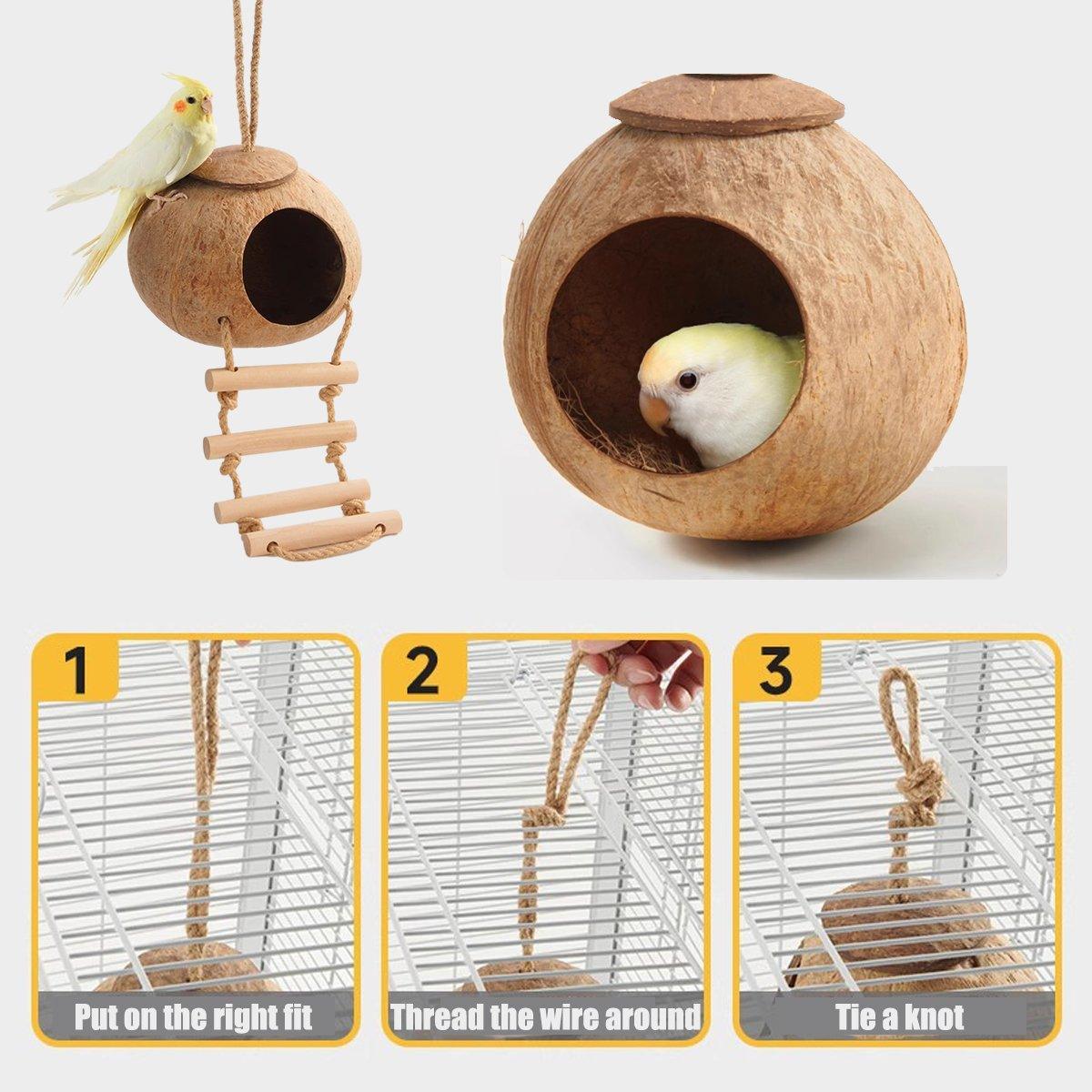 Pet Parrot Nest Wooden Bird House Natural Coconut Shell Feeder