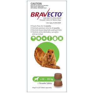 Bravecto Chewable Flea & Tick Tablets for Dogs 10-20 kg Green 2 Chew