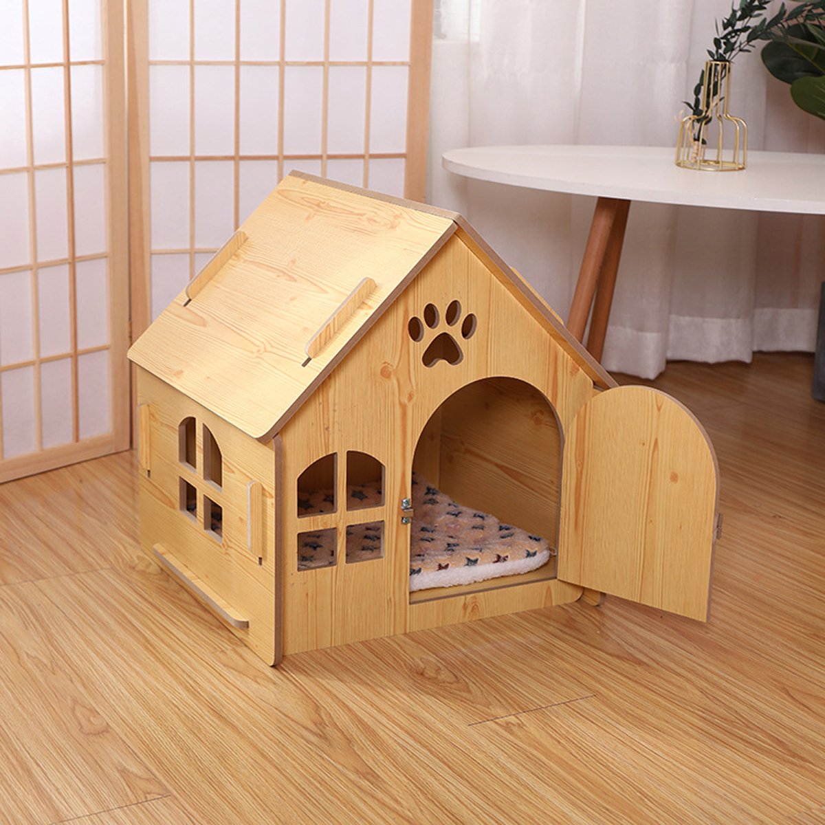 Outdoor Wooden Dog Cat House Villa Style Pet Shelter Weatherproof for Garden