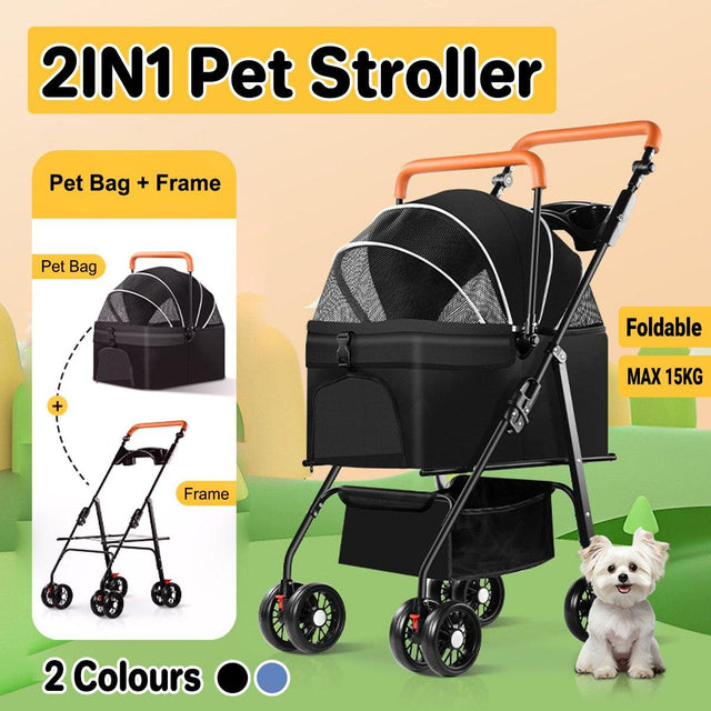 2-in-1 foldable pet stroller and dog pram with detachable carrier, suitable for small pets.