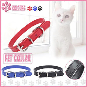 Adjustable leather cat collar and leather dog collar made from durable PU leather in blue, black, and red.