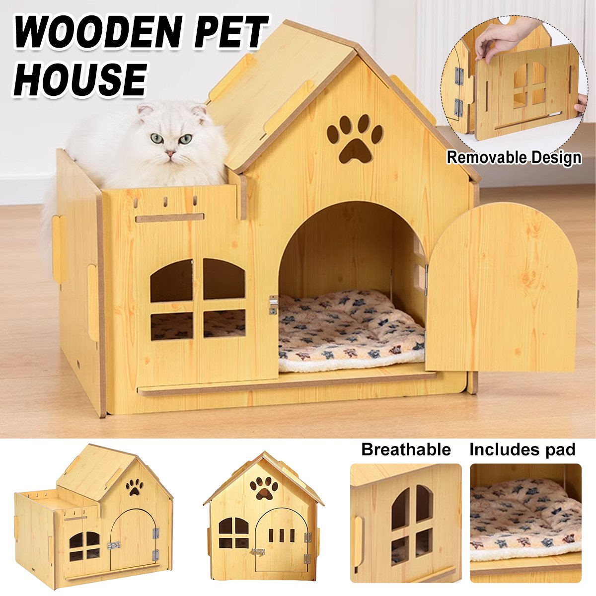 Outdoor Wooden Dog Cat House Villa Style Pet Shelter Weatherproof for Garden