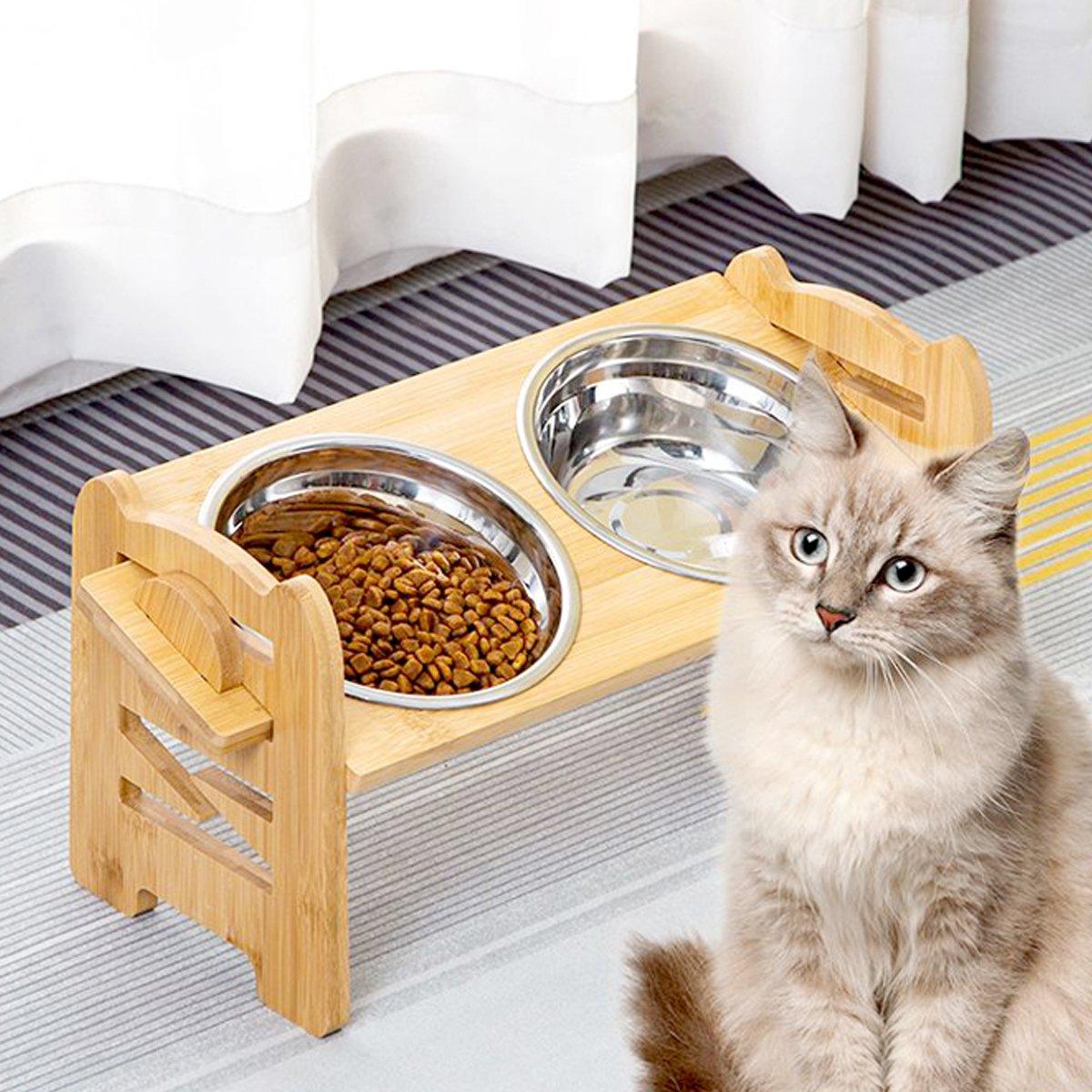 Adjustable Bamboo Pet Feeder with Stainless Steel Bowls