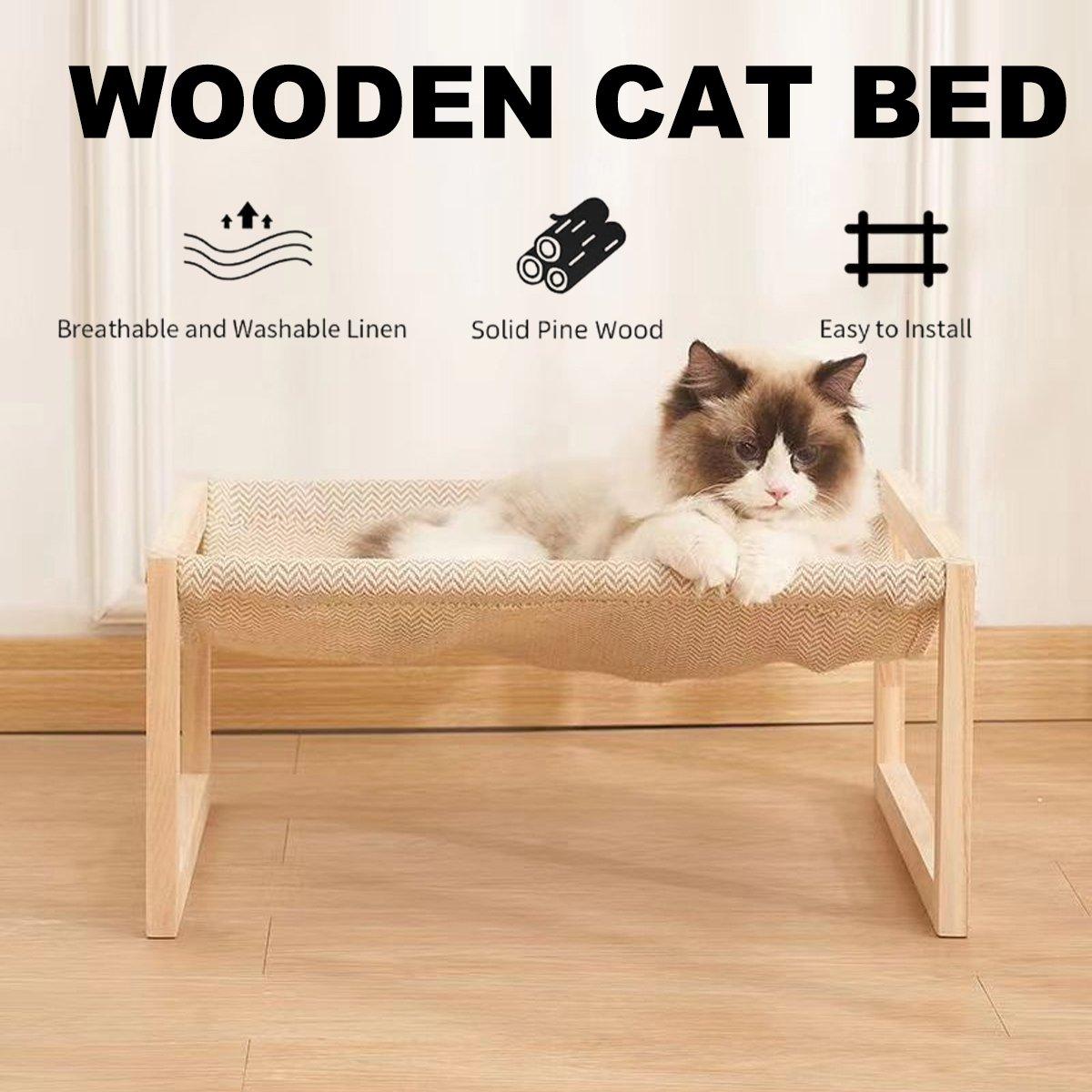 Wooden Cat Bed Elevated Cat Hammock with Breathable Linen Fabric