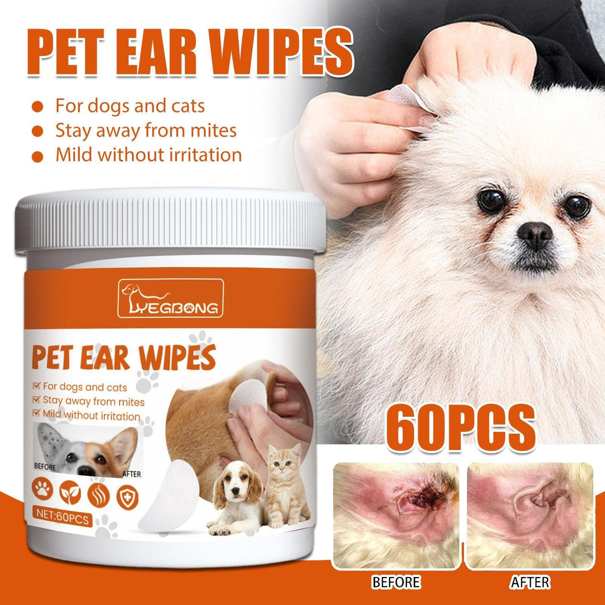 Pet Ear Wipes for Dogs and Cats - Gentle Cleaning and Mite Protection