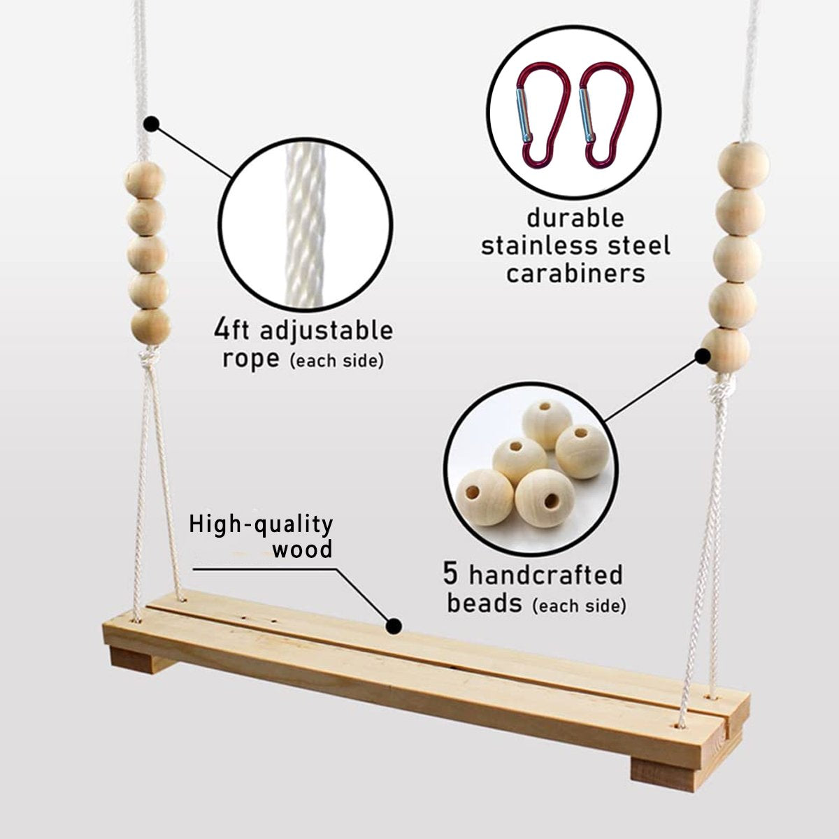 Durable Wooden Chicken Swing  Adjustable Rope & Handmade Beads