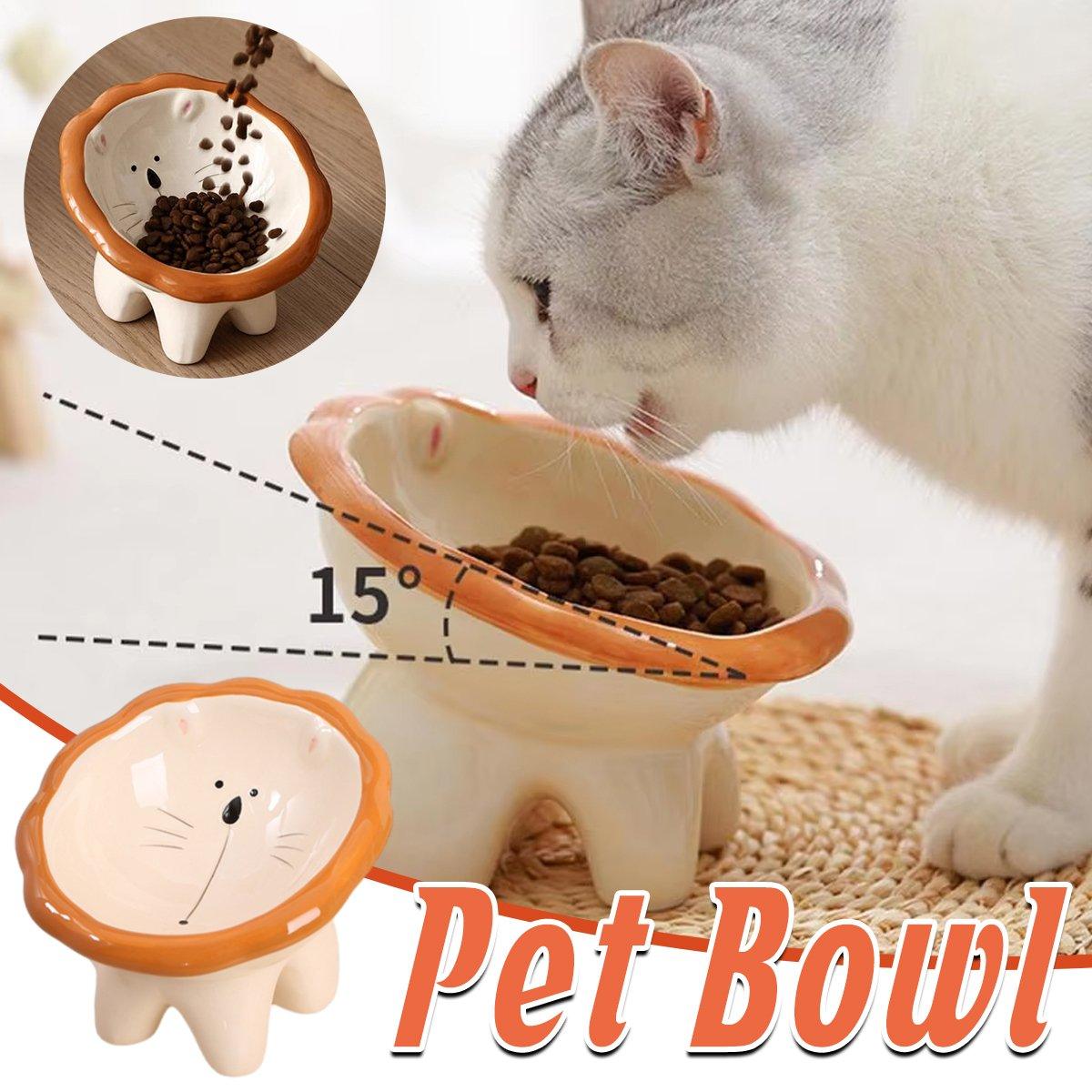 Ceramic Pet Bowl Tilted Design for Neck Protection & Stylish Cartoon Lion