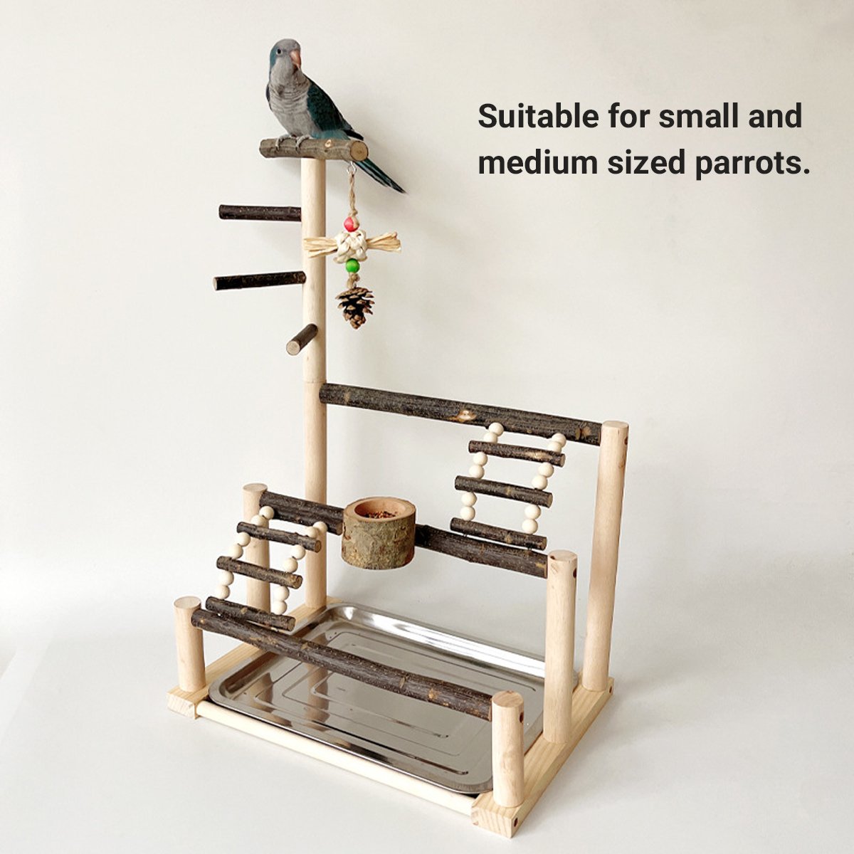 Wooden Parrot Stand Pole Interactive Bird Stand with Food Bowl