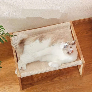 Wooden Cat Bed Elevated Cat Hammock with Breathable Linen Fabric