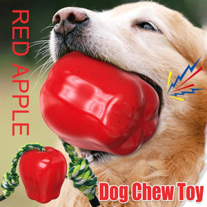 Red Apple Dog Chew Toy with rope, ideal for chewing, dental health, and interactive play for medium to large dogs.