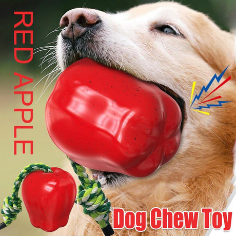 Red Apple Dog Chew Toy with rope, ideal for chewing, dental health, and interactive play for medium to large dogs.