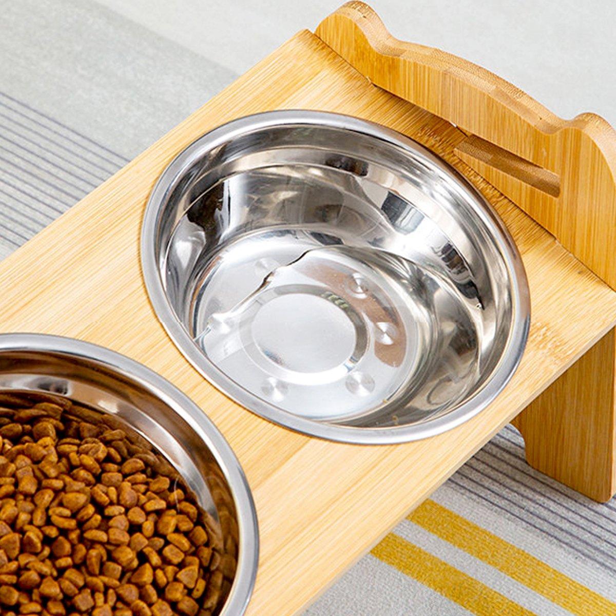 Adjustable Bamboo Pet Feeder with Stainless Steel Bowls