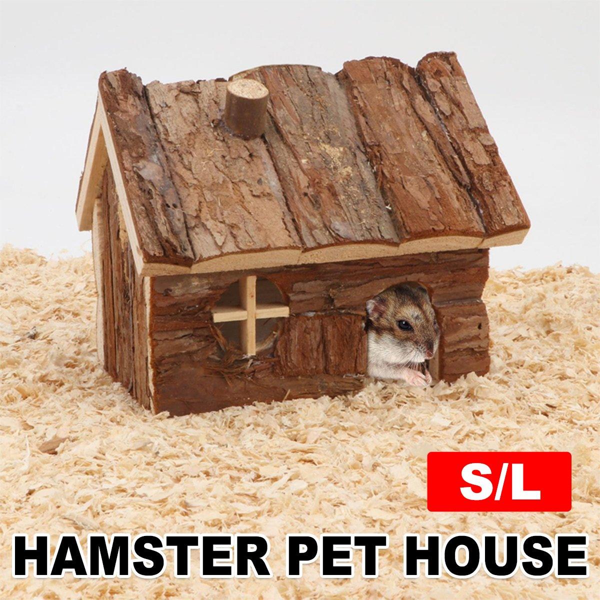 Natural Wood Hamster House with rustic chimney design, ideal for hamsters, guinea pigs, and small pets.