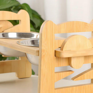 Adjustable Bamboo Pet Feeder with Stainless Steel Bowls