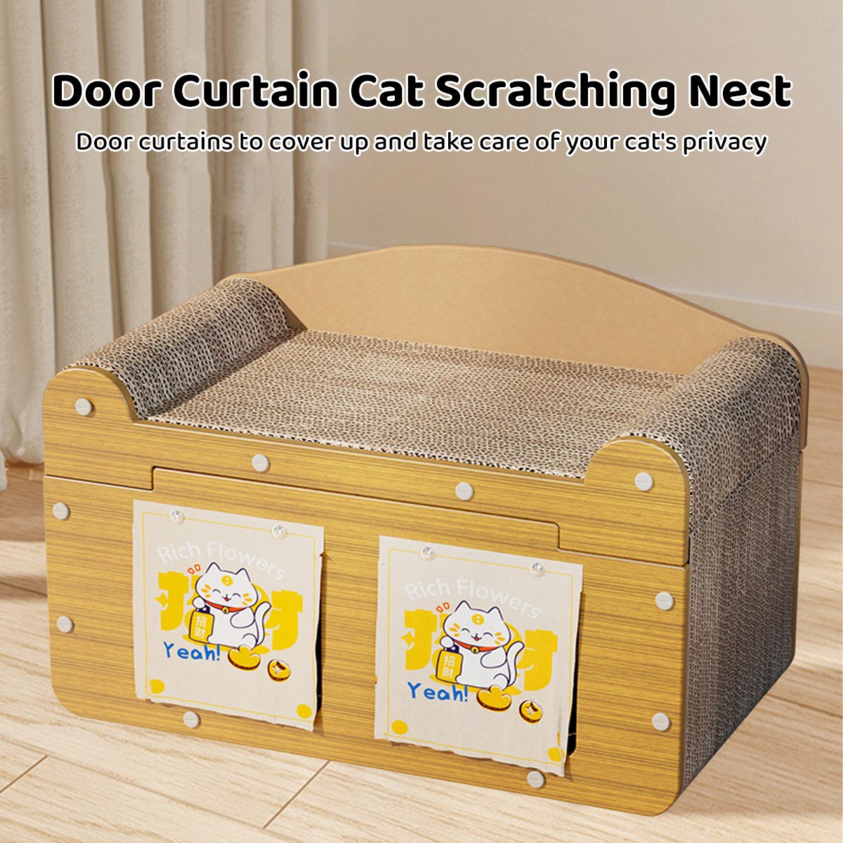 Two-door Corrugated Cat Scratch Board Toy With Door Curtain Double-layer Cat House