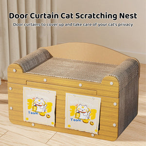 Two-door Corrugated Cat Scratch Board Toy With Door Curtain Double-layer Cat House