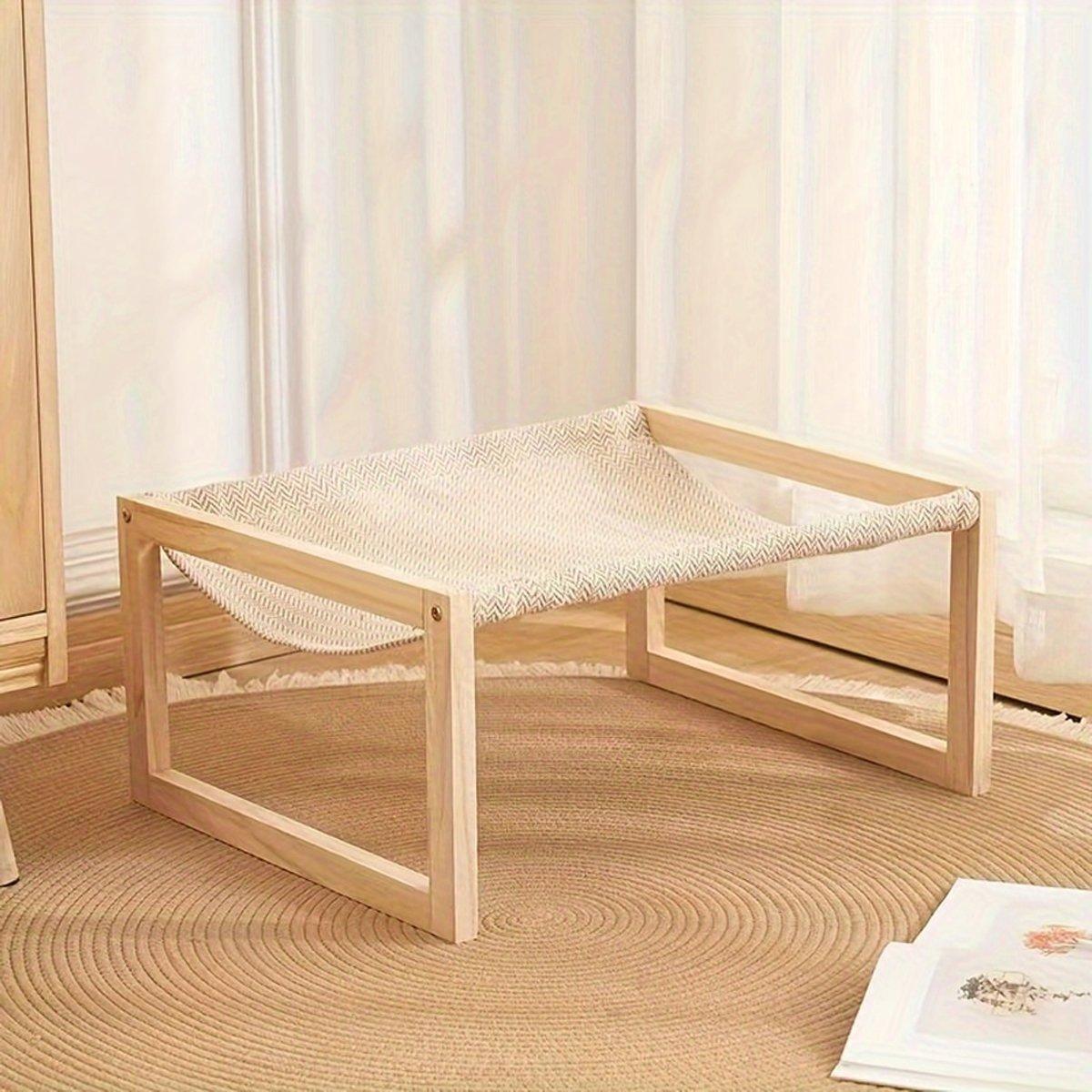 Wooden Cat Bed Elevated Cat Hammock with Breathable Linen Fabric