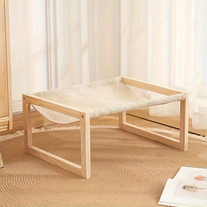 Wooden Cat Bed Elevated Cat Hammock with Breathable Linen Fabric