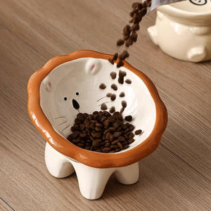 Ceramic Pet Bowl Tilted Design for Neck Protection & Stylish Cartoon Lion