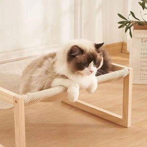 Wooden Cat Bed Elevated Cat Hammock with Breathable Linen Fabric