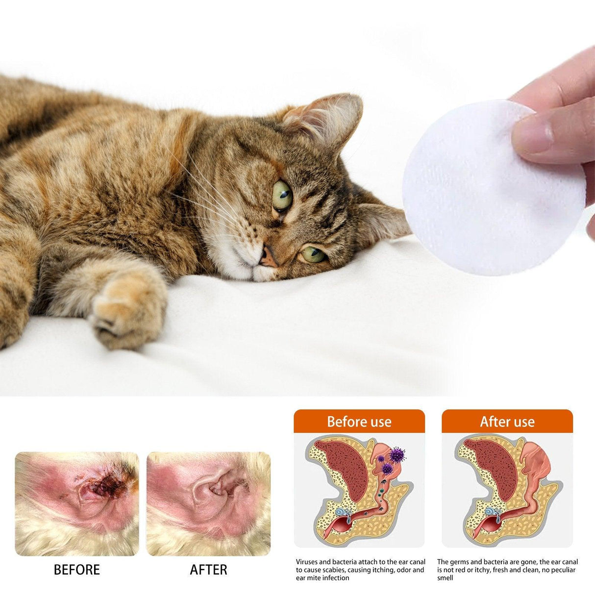 Gentle Pet Ear Wipes For Cats and Dogs - Effective Cleaning and Anti-Odor Mite Protection