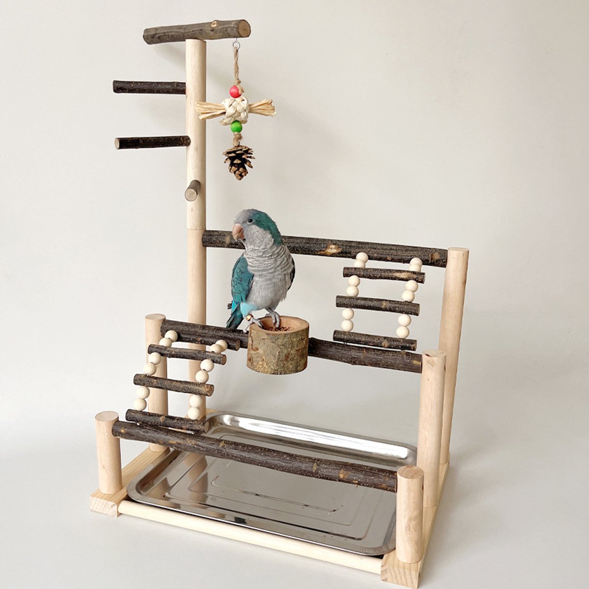 Wooden Parrot Stand Pole Interactive Bird Stand with Food Bowl