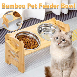 Adjustable Bamboo Pet Feeder with Stainless Steel Bowls