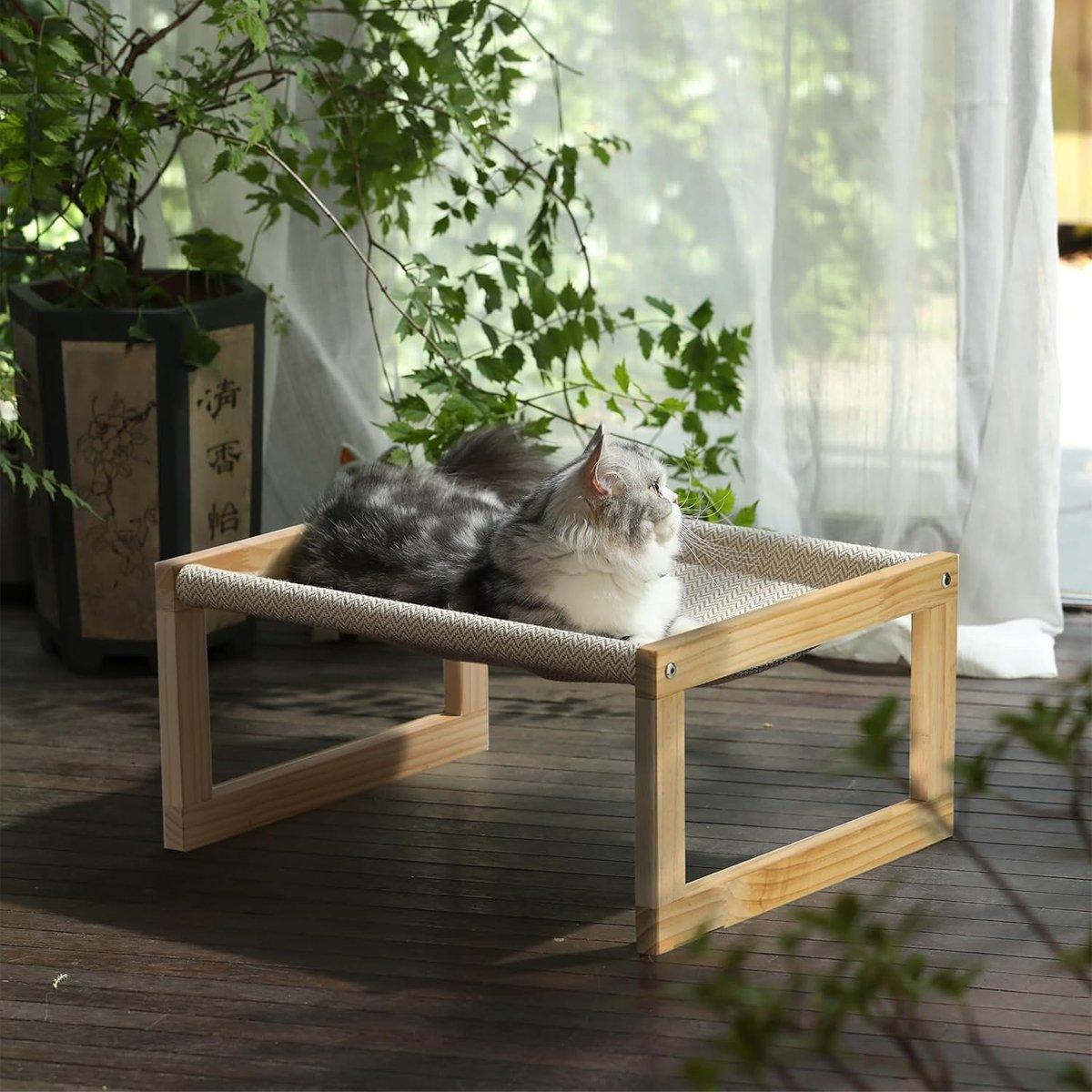 Wooden Cat Bed Elevated Cat Hammock with Breathable Linen Fabric