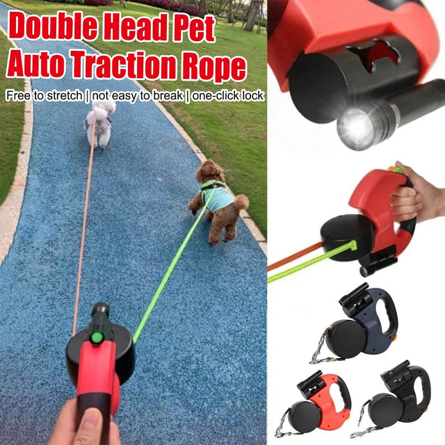 Dual retractable dog leash with 360° swivel and LED flashlight for tangle-free walks