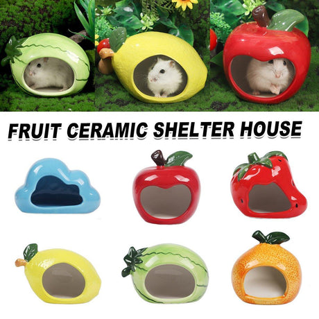 Ceramic hamster house in fruit shapes, including apple, lemon, and watermelon, perfect for small pets like hamsters and mice.