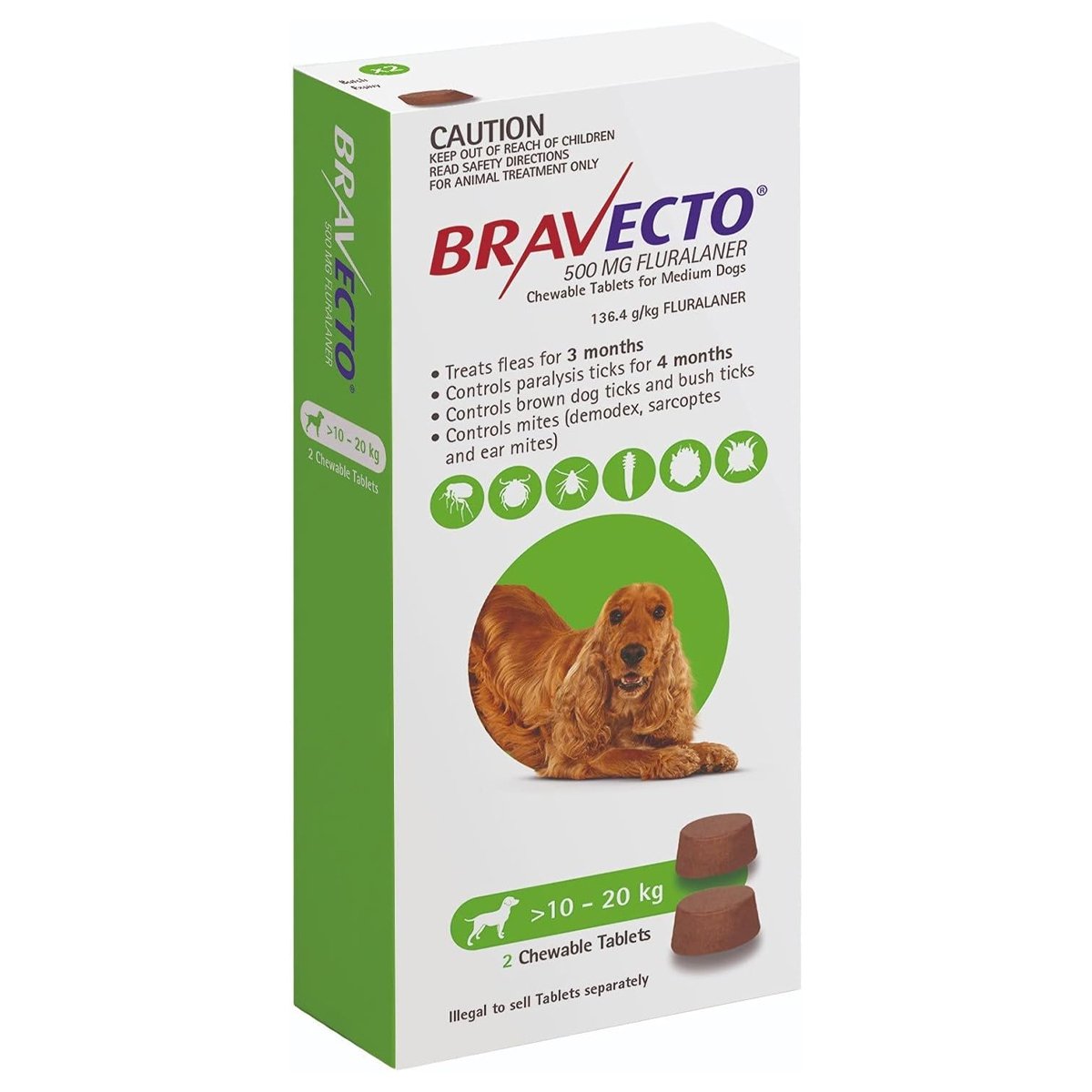 Bravecto Chewable Flea & Tick Tablets for Dogs 10-20 kg Green 2 Chew