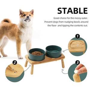 Anti-Slip Ceramic Pet Bowl with Elevated Wooden Stand